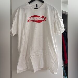 Gildan White T-Shirt with Red Saucy Logo